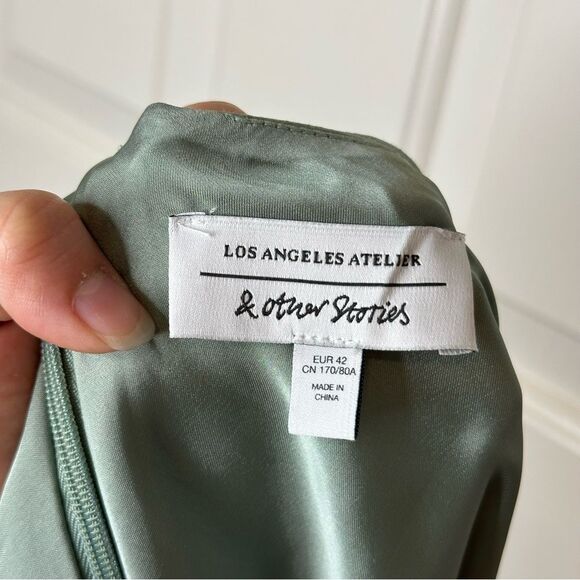 & Other Stories Sage Green Satin Mini Skirt Revolve Girly Chic Glam Soft Girl - Picture 6 of 9